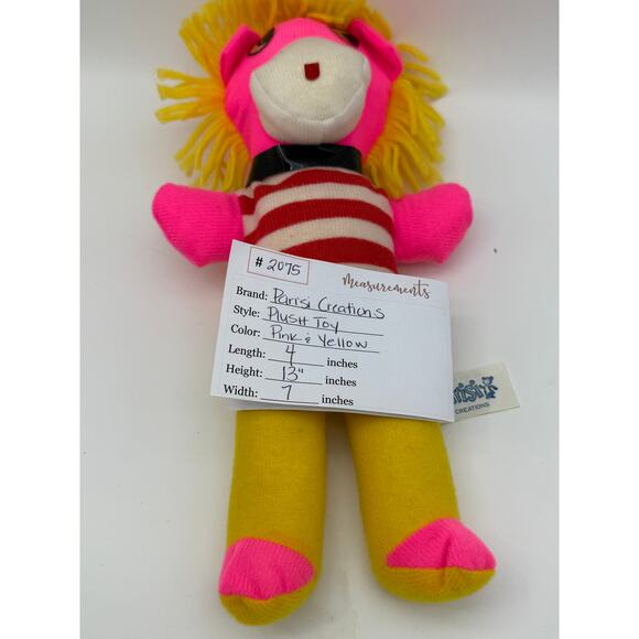 Vtg. Parisi Creations Plush Neon Pink & Yellow 13" Retro Animal Stuffed Toy - Picture 8 of 8